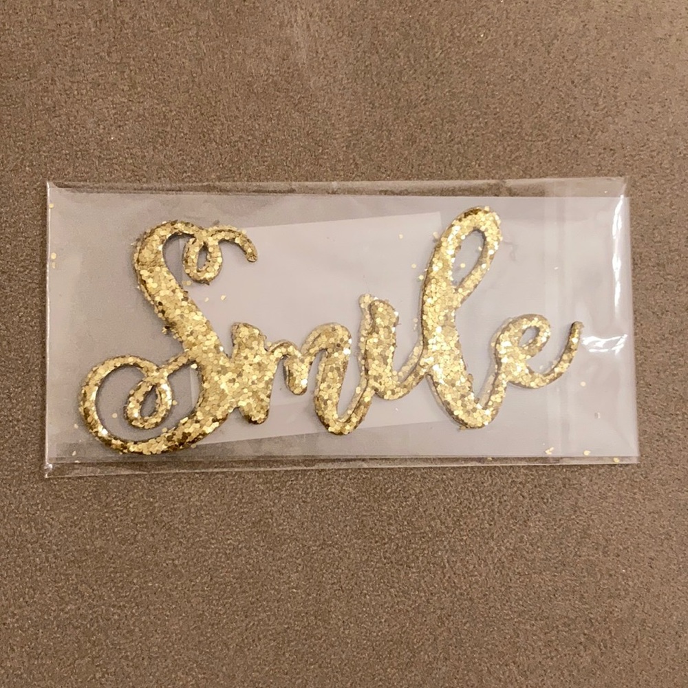 NEW 2 PC Gold Sequin Glitter Words - Smile